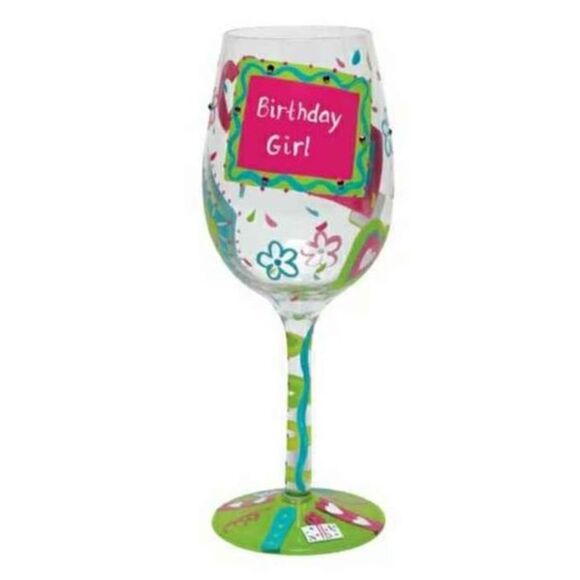Lolita Wine Glass Birthday Girl Too Cocktail Recipe Hand Painted Green Pink New - Picture 1 of 12